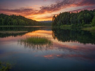 Obraz premium Tranquil Sunset over Lake: A breathtaking moment as the sky ablaze with vibrant colors, mirrors its beauty upon the calm surface of the lake.