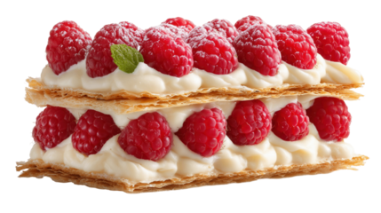 Raspberry mille-feuille delight: A mouthwatering shot of mille-feuille pastry, layered with smooth, creamy filling and topped with plump, fresh raspberries. An irresistible treat for dessert lovers!