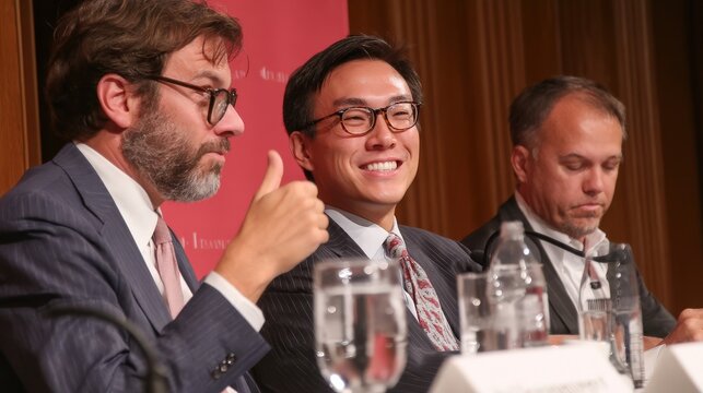 Three Businessmen on a Panel Discussion, Giving a Thumbs Up