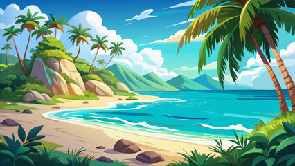 Obraz premium Beautiful tropical beach paradise with turquoise sea waves, soft white sand palm trees under summer sunlight sky. Perfect nature island escape exotic travel vacation dreams, relaxation tourism lovers 