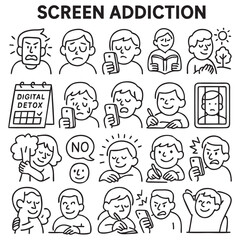 15 Screen Addiction and Digital Detox Doodle Icons – Black and White Emotional Vector Set