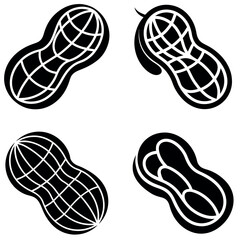 Four Isolated Black and White Stylized Peanut Illustrations on a White Background