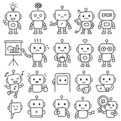 15 Expressive AI Robot Doodle Icons – Black and White Line Art Character Set