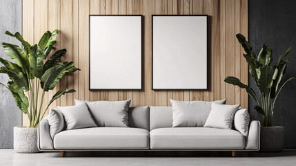 Modern Living Room Interior with Light Sofa and Blank Frames