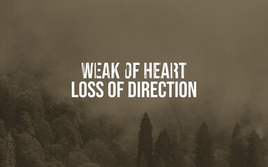 A subdued image of a fog-covered forest with text overlay expressing introspective emotions and sentiments about inner struggles and reflection.