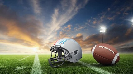 A cinematic time-lapse sun football field, American football helmet ball morphing iconic 1920s leather helmets to carbon fiber styles dynamic shifting light and subtle grass movement 4k - Powered by Adobe