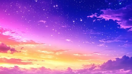 Naklejka premium A vibrant twilight sky with pink, purple, and yellow hues filled with scattered stars and soft clouds.