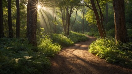 Obraz premium Sun-Dappled Trail: A serene forest scene featuring a winding path bathed in sunlight filtering through lush trees. The warm glow of the sun creates a captivating atmosphere.