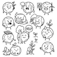 15 Expressive Earth Character Doodles – Black and White Environmental Vector Icons