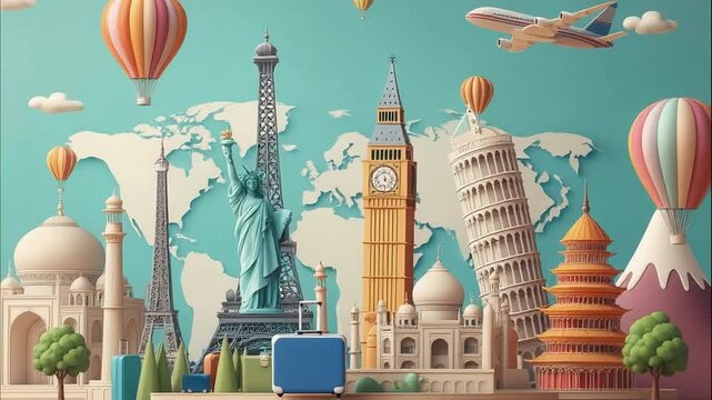 World landmarks and travel destinations on the map, traveling around the world