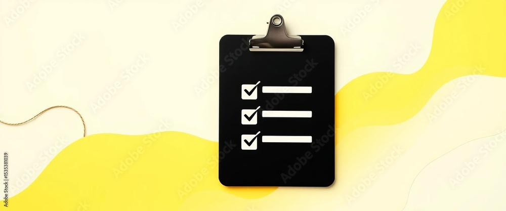 Poster black clipboard with checklist icon on yellow and white dynamic shapes background vector illustratio