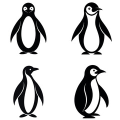 Four Minimalist Penguin Illustrations with Different Styles in Black and White Graphics
