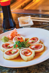 sushi platter with ponzu sauce