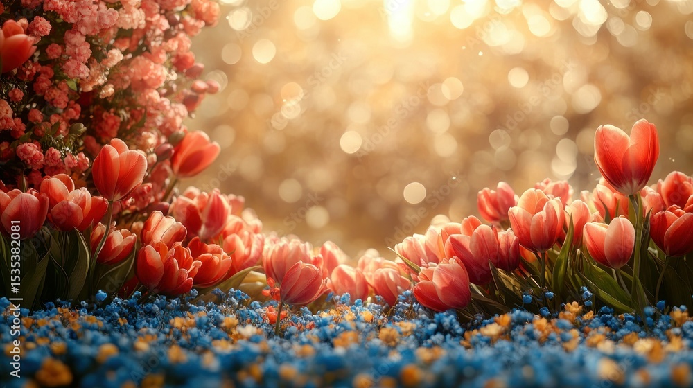 Poster springtime tulips in a flower field with bokeh lights