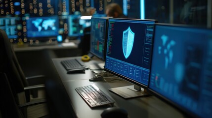 Cybersecurity Control Room Network Security Monitoring with Shield Icon