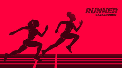 Women sprinter in the running track silhouette illustration background vector, athletics sports banner with copy space for run events