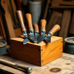 Carpenter's chisels on wooden box in workshop