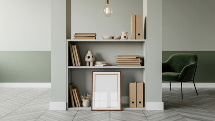 Fototapeta premium Mockup poster frame in minimalist bookshelf interior with neutral decor and green accent chair