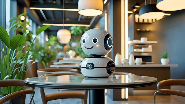 Adorable round robot placed on a table in bright modern caf&eacute; with houseplants, lights, and minimal design