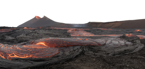 Dramatic volcanic landscape with flowing lava and ash-covered ground isolated transparent background