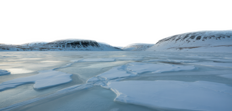 Frozen tundra scene with icy plains and distant snow hills isolated transparent background