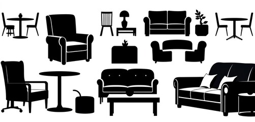 Black silhouette icons of chairs, tables, and sofas; furniture set,  flat,  element