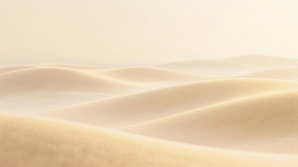 Soft, rolling sand dunes stretch to the horizon under a hazy sky