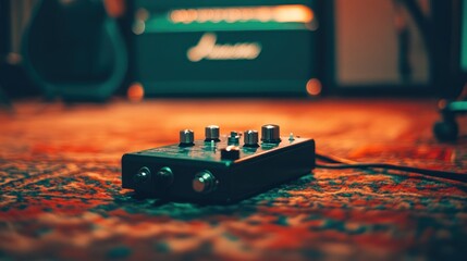 Close-up of a guitar pedal on a patterned rug with amplifier in background