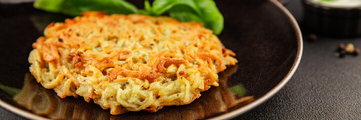 Potato pancakes drainiki potato cutlets vegetable dish fresh delicious gourmet food background on the table rustic food top view copy space vegan and vegetarian food