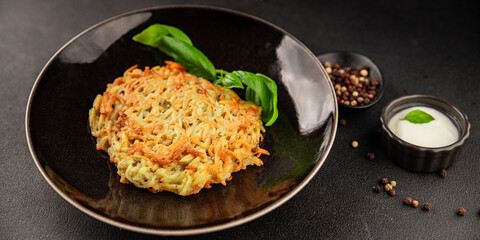 Potato pancakes drainiki potato cutlets vegetable dish fresh delicious gourmet food background on the table rustic food top view copy space vegan and vegetarian food