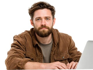 A handsome bearded man in a brown jacket looks directly at the camera while working on his laptop computer.