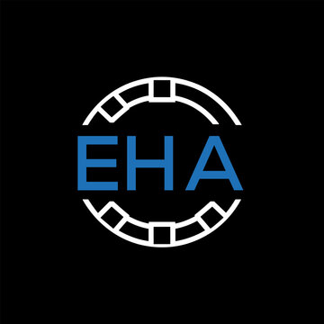 EHA Modern Tech Logo, Design &ndash; EHA Later Logo,  Futuristic Blue and White Circular Emblem on Black Background.
