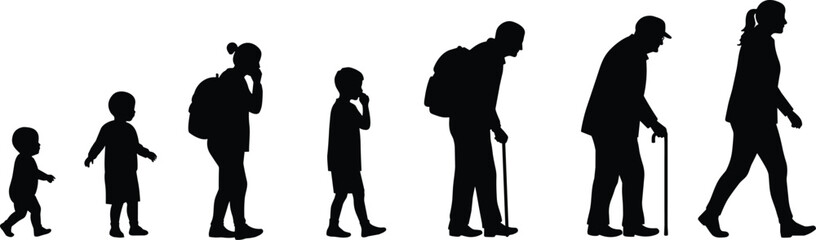 Silhouette of human life stages, evolution from baby to elderly, black figure timeline, aging concept on white background, growing up illustration, people aging process design