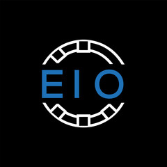 EIO Modern Tech Logo, Design – EIO Later Logo,  Futuristic Blue and White Circular Emblem on Black Background.
