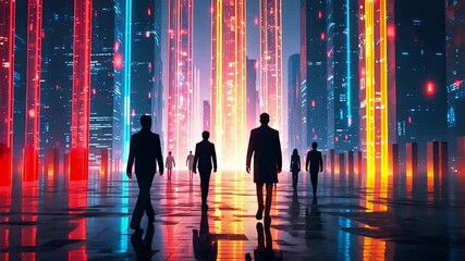 Silhouetted figures walking into glowing digital corridor filled with neon lights and vibrant vertical data beams - Powered by Adobe