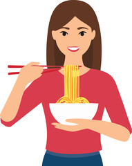 woman eat noodle flat