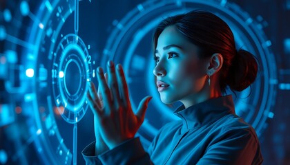 Asian woman interacting with futuristic blue holographic interface technology concept