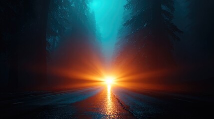 Road through a misty forest illuminated by a vibrant sunrise.