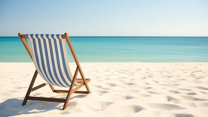 Striped fabric beach chair facing calm ocean on wide sandy beach with soft wind and sunlight, capturing a relaxed coastal atmosphere
