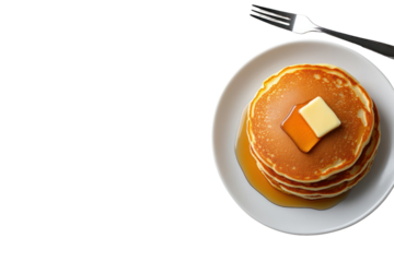 Delicious Pancake Stack: a stack of golden pancakes, topped with a melting square of butter, drenched in syrup, rests invitingly on a plate, complete with a fork, ready to kickstart the day. 