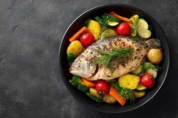 Fish and vegetables A whole cooked fish surrounded by vegetables in a dark bowl set on a gray background