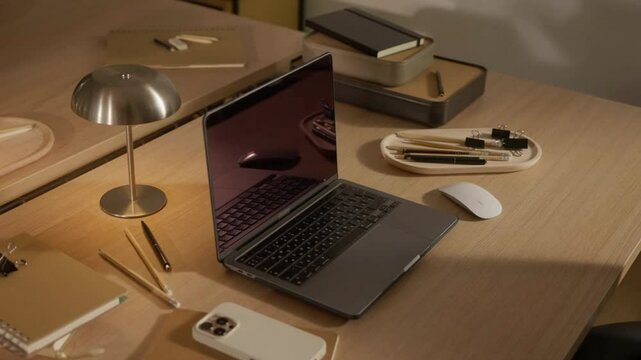 Modern desk setup with laptop, lamp, and accessories in soft evening lighting