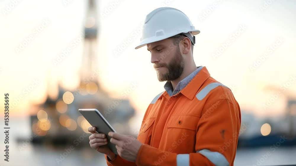 Poster engineer analyzing drilling rig data on a tablet in an oilfield setting.