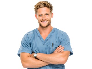 Confident young male nurse wea scrubs poses with his arms crossed isolated on a clean white background now.