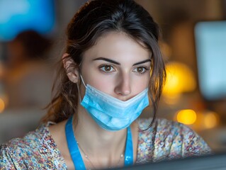 Young female healthcare worker wea a surgical mask and looking at computer in a busy office setting.