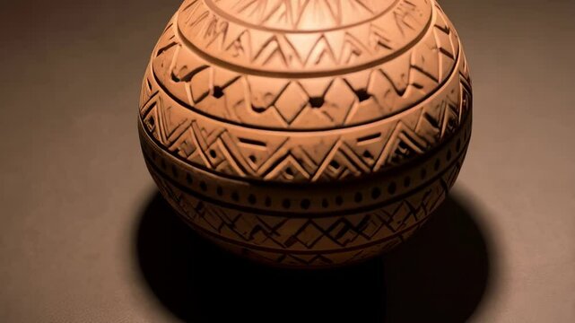 Handmade clay vase with geometric pattern and antique design, brown terracotta pottery on dark background, traditional craft.
