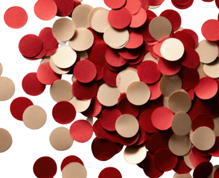 Red and beige confetti, circles on black