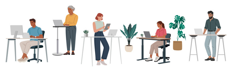 Vector set of diverse people in smart casual outfits working with laptop, computer, or tablet, standing or sitting at desks. Ideal for business, teamwork, and coworking illustrations