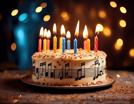 Beautiful birthday cake adorned with musical notes and vibrant candles, celebrating music and joy in festive atmosphere