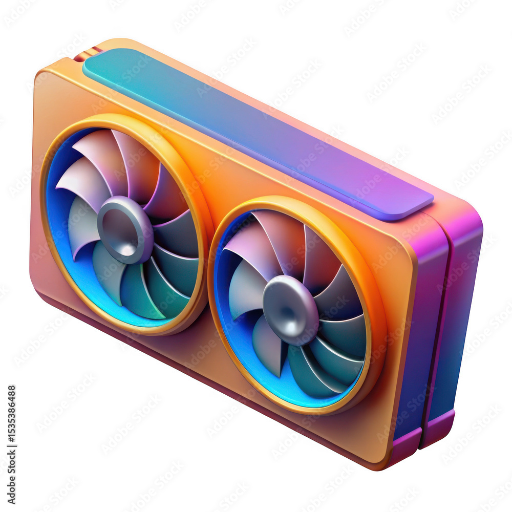 Poster 3d render of colorful dual fan graphics card isolated on transparent background